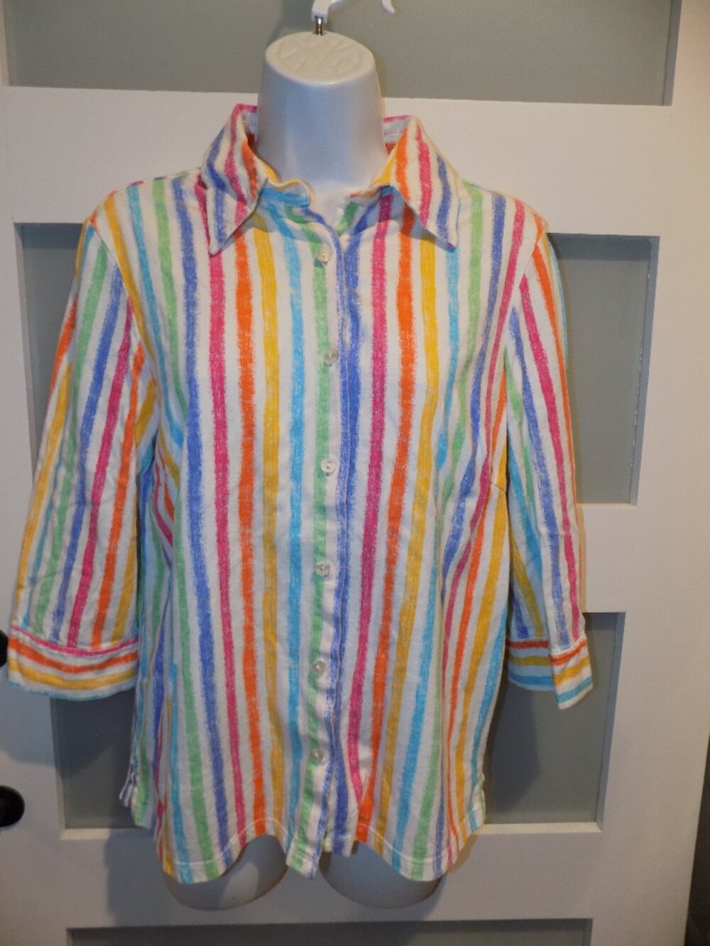 Fresh Produce Bright Multicolor Striped 3/4 Sleeve Button Down Blouse Size S